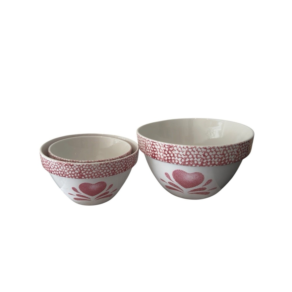 3‎ Piece Pink Heart Spongeware Mixing Bowl Pink White Vintage Cottagecore - Picture 7 of 7
